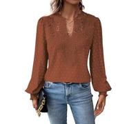 TUUHAW Tunique Femme Longue Top Femme Bohème Manches Longues Élégant Automne Col en V Volants Fluide à Point Suisse T-Shirts Chemise Mousseline Tshirt Décontracté Loose Basique Blouses Orange M