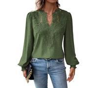 TUUHAW Tunique Femme Longue Top Femme Bohème Manches Longues Élégant Automne Col en V Volants Fluide à Point Suisse T-Shirts Chemise Mousseline Tshirt Décontracté Loose Basique Blouses Vert S
