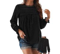 TUUHAW Tunique Femme Longue Top Femme Bohème Manches Longues Élégant Automne Col Rond Volants Fluide à Point Suisse T-Shirts Chemise Mousseline Tshirt Décontracté Basique Loose Blouses Noir M