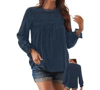 TUUHAW Tunique Femme Longue Top Femme Bohème Manches Longues Élégant Automne Col Rond Volants Fluide à Point Suisse T-Shirts Chemise Mousseline Tshirt Décontracté Basique Loose Blouses Bleu XL