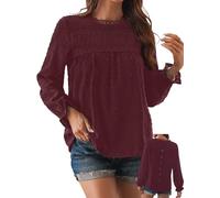 TUUHAW Tunique Femme Longue Top Femme Bohème Manches Longues Élégant Automne Col Rond Volants Fluide à Point Suisse T-Shirts Chemise Mousseline Tshirt Décontracté Basique Loose Blouses Bourgogne XL