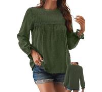 TUUHAW Tunique Femme Longue Top Femme Bohème Manches Longues Élégant Automne Col Rond Volants Fluide à Point Suisse T-Shirts Chemise Mousseline Tshirt Décontracté Basique Loose Blouses Vert L