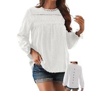 TUUHAW Tunique Femme Longue Top Femme Bohème Manches Longues Élégant Automne Col Rond Volants Fluide à Point Suisse T-Shirts Chemise Mousseline Tshirt Décontracté Basique Loose Blouses Blanc XL
