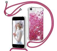 TUUTPU Coque pour iPhone 8/SE 2020/2022/7/6 avec Cordon, Paillette Liquide Étui pour Téléphone avec Lanière, Transparent Silicone Collier Réglable Protection Housse Portable Lanyard Case, Barbie Rose