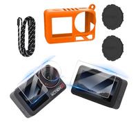 Tuvzylory Housse et sangle en silicone pour DJI Osmo Action 5 Pro - Tour de cou réglable pour accessoires osmo Action 5 Pro, compatible avec cache objectif (orange + bouchon d'objectif + film acier)