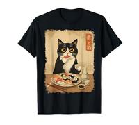 Tuxedo Chat Mangeant des sushis Buvant du saké Vintage Kawaii Anime T-Shirt