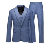 Tuxedo for Men Casual 3 Piece Tweed Plaid Modern Slim Fit Suit for Men One Button Blazer Vest Pants Tuxedo Set Light Blue Large
