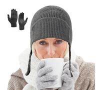 Tuxxjzm Bonnet et gants pour femme | Kit élastique respirant et tendance - Bonnet tricoté pour activités de plein air, trajets, voyage, famille, amis, mère, petite amie, gris foncé, Refer to