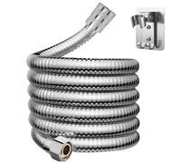 Tuyau de douche en acier inoxydable de 1,5 m avec joints en silicone et raccord 4/6 pans - Tuyau de douche flexible avec protection anti-torsion + support mural en aluminium, autocollant, sans perçage