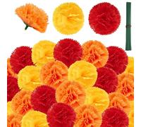 TUZAZO Lot de 50 têtes de fleurs de souci artificielles en soie avec tiges pour décoration du jour des morts mexicain, décoration d'intérieur Diwali, guirlande à faire soi-même (orange, jaune, rouge)