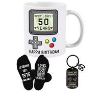 TUZELIYA 2025 Original 50e anniversaire hommes, 3 pièces avec tasse, porte-clés et chaussettes, drôle cool 50 cadeau d'anniversaire papa pour les fans de jeux joueur, grand-père, père, frère, femmes