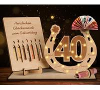 TUZELIYA Cadeau d'anniversaire 40 ans pour homme et femme - Cadeau d'anniversaire en argent avec guirlande lumineuse LED - Support - Plaque en bois - Livre d'or - Décoration d'anniversaire 40 ans -