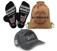 TUZELIYA Cadeau pour 60e anniversaire homme - 60 ans - Coffret cadeau 3 en 1 - Sac cadeau avec casquette de baseball et chaussettes - Cadeau de 60 ans 1965, gris, 58