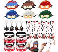 TUZHE Lot de 60 bonbonnières Ninja pour anniversaire d'enfant | Porte-clés avec masques ninja, lance-doigts, jouet collant volant pour garçons, fête à thème ninja