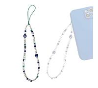 Tuzsocr Cordon de Téléphone Bleu et Blanc - Perlé, Long, Breloque en Perles de Résine - Accessoire Tendance Contre le Mauvais Œil pour Femmes