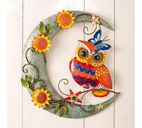Tuzsocr Décoration murale en métal motif soleil et lune - Sculpture murale céleste d'extérieur rustique vintage en métal pour maison, salon, chambre à coucher (hibou lune)