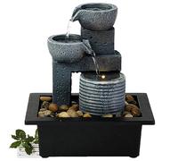 Tuzsocr Fontaine à eau électrique de bureau,Fontaine d’Intérieur Cascade 4 Niveaux Jarre Effet Pierre,Décor Zen en Résine,avec Lumières LED Ornements d'eau Courante de Fontaine pour Le Bureau(Style 3)