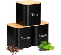 Tuzsocr Lot de 3 Cuisine Boîtes de Rangement pour Café, Thé, Sucre avec Couvercle Hermétique en Bambo,métal pot pour ranger vos sachets de thé,cubes de sucre et grains de café ou poudre préférés(Noir)