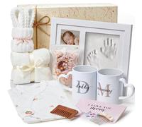 TUZT Kit de panier cadeau pour maman, tasse pour papa et maman, tasse, serviette, chiffons, cadre photo imprimé argile pour bébé, cadeaux de naissance, cadeaux de grossesse pour nouveaux parents