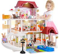 TUZT Maison de poupée pour filles avec 4 chiffres de jouet de poupée, toboggan de piscine, ascenseur, meubles, jeu de maison de poupée avec lumières, cadeaux pour garçons et filles de 3, 4, 5, 6 à 12