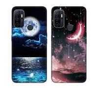 Tveinan 2 Pack Coque Silicone Compatible avec Oppo A53 4G/ A53S / A33 / A32 2020, Case Mince Souple TPU Protection, Housse de Noir Motif, Anti-Rayures Antichoc Etui pour Filles Femme - Lune
