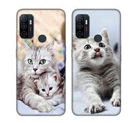 Tveinan 2 Pack Coque Silicone Compatible avec Oppo A53 4G/ A53S / A33 / A32 2020, Case Mince Souple TPU Protection, Housse de Noir Motif, Anti-Rayures Antichoc Etui pour Filles Femme - Chat Mignon