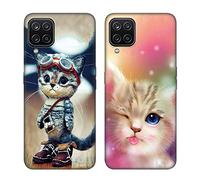 Tveinan 2 Pack Coque Silicone Compatible avec Samsung Galaxy A12 / M12, Case Mince Souple TPU Protection, Housse de Noir Motif, Anti-Rayures Antichoc Etui pour Filles Femme - Chat Rose