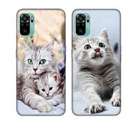 Tveinan 2 Pack Coque Silicone Compatible avec Xiaomi Redmi Note 10 4G / Note 10S, Case Mince Souple TPU Protection, Housse de Noir Motif, Anti-Rayures Antichoc Etui pour Filles Femme - Chat Mignon