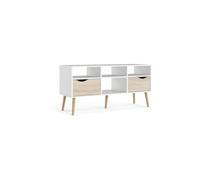 Meuble TV - 4 niches 2 tiroirs - Blanc / Chêne - 117,2 x 39,1 x 57,4 cm ARO