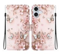 TVVTPU Coque pour iPhone 16, Etui Protection Premium en Cuir PU, Esthétique Motif Design Housse Pochette Flip de Portefeuille avec Emplacements Cartes Fonction Stand Case, Papillon Rose