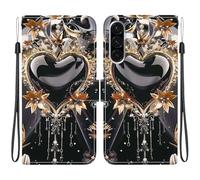 TVVTPU Coque pour Samsung Galaxy A17 5G, Etui Protection Premium en Cuir PU, Esthétique Motif Design Housse Pochette Flip de Portefeuille avec Emplacements Cartes Fonction Stand Case, Cœur d'or Noir