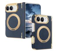 Twaynorb Case for iPhone 18 Duo with 360° Rotating Ring Stand (Blue) | Leather Texture Foldable Phone Case, Dual-Axis Hinge Protection, Raised Camera Lens Protection, Magnetic Kickstand Cover