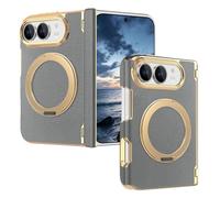 Twaynorb Case for iPhone 18 Duo with 360° Rotating Ring Stand (Gray) | Leather Texture Foldable Phone Case, Dual-Axis Hinge Protection, Raised Camera Lens Protection, Magnetic Kickstand Cover