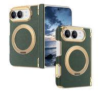 Twaynorb Case for iPhone 18 Duo with 360° Rotating Ring Stand (Green) | Leather Texture Foldable Phone Case, Dual-Axis Hinge Protection, Raised Camera Lens Protection, Magnetic Kickstand Cover