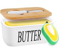 TWBEST Beurrier en Porcelaine,Boîte à Beurre avec Couvercle en Bambou+Couteau à Beurre+éponge de Nettoyage, pour Placer du Beurre du Fromage Fruit Salade-16.5 * 10 * 7.5cm