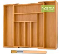 TWBEST Plateau à couverts en bambou,7-9 compartiments,Organisateurs de tiroirs extensibles+1 brosse de nettoyage,Bac à Couverts-32-52x41x5cm,Range-Couverts organiseur de Tiroir de Cuisine en bois