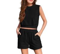 Tween Ensemble de survêtement 2 pièces pour filles - Col rond - Débardeurs courts et shorts avec poches - Léger - Tendance - Décontracté - Uni - Gilet de sport, Noir , 8-9 ans
