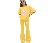 Tween Girls Spring Lot de 2 chemises à manches courtes avec imprimé nœud, pantalon extensible et doux pour l'école et les activités de plein air quotidiennes (1B-jaune, 10 à 11 ans)
