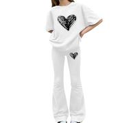Tween Girls Spring Lot de 2 chemises à manches courtes avec imprimé nœud, pantalon extensible et doux pour l'école et les activités de plein air quotidiennes (1C-blanc, 9 à 10 ans)