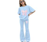 Tween Girls Spring Lot de 2 chemises à manches courtes avec imprimé nœud, pantalon extensible et doux pour l'école et les activités de plein air quotidiennes (1B-bleu ciel, 7 à 8 ans)