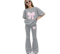 Tween Girls Spring Lot de 2 chemises à manches courtes avec imprimé nœud, pantalon extensible et doux pour l'école et les activités de plein air quotidiennes (1B-gris, 11-12 ans)