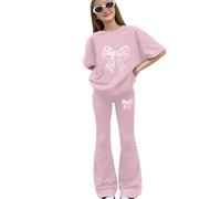 Tween Girls Spring Lot de 2 chemises à manches courtes avec imprimé nœud, pantalon extensible et doux pour l'école et les activités de plein air quotidiennes (1B-rose, 10 à 11 ans)