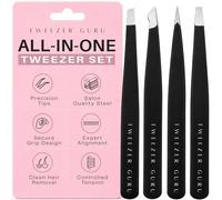 Tweezer Guru Pince à épiler professionnelle en acier inoxydable pour poils incarnés inclinés - Écharde de précision, points noirs, tiques et poils du visage pour homme et femme (4 pièces)
