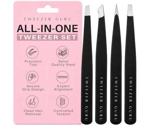 Tweezer Guru Pince à épiler professionnelle en acier inoxydable pour poils incarnés inclinés - Écharde de précision, points noirs, tiques et poils du visage pour homme et femme (4 pièces)