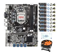 Tweovnai B75 8 GPU BTC Mining Carte MèRe + CPU + Ventilateur + Graisse Thermique + 8X VER15X Riser Card 8 USB3.0 vers PCIE1X LGA1155 DDR3 RAM SATA3.0