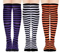 Tweruna Lot de 3 paires de chaussettes rayées - 3 chaussettes hautes colorées au genou - Chaussettes longues pour femme - Chaussettes d'Halloween pour femme et fille - Costume de sorcière