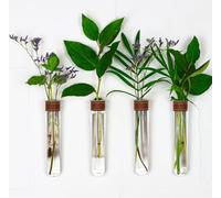 TWILG - Ensemble de 4 vases à fleurs avec tubes de réactif en verre et cuir couleur cognac et aimant mural - Vase magnétique, vase en tube de réactif avec support, vase en tube de réactif mural, vase