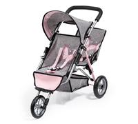 Twin dolls pram, double stroller with three wheels, canopy, security belt, jeans