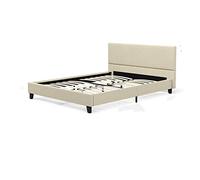 Twin Platform Bed/Upholstered Tufted Square Stitched Headboard and Wooden Slats/Metal Frame - No Box Spring Needed - Easy Assembly - Light Grey Twin Size for Boys (Beige)