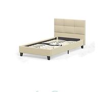 Twin Platform Bed/Upholstered Tufted Square Stitched Headboard and Wooden Slats/Metal Frame - No Box Spring Needed - Easy Assembly - Light Grey Twin Size for Boys (Beige)